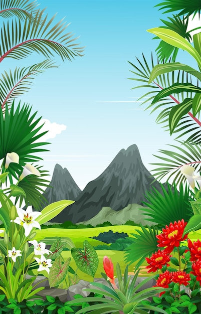 hermosa naturaleza con plantas tropicales y fondo de montaña