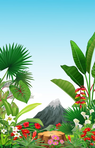 hermosa naturaleza con plantas tropicales y fondo de montaña