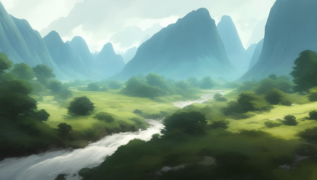 Hermosa naturaleza verde Montañas y paisajes de ríos Ilustración detallada de pintura dibujada a mano
