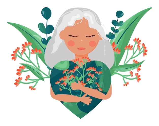 Una hermosa niña abraza el mundo El concepto de protección del medio ambiente