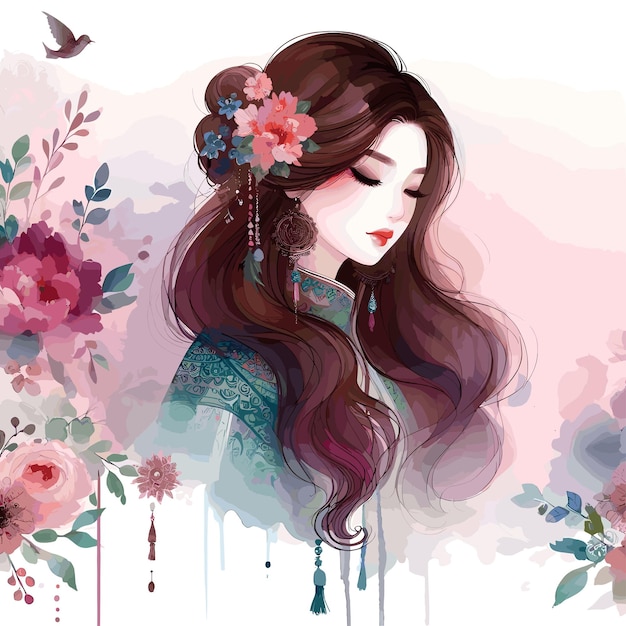 hermosa niña china acuarela ilustración vectorial