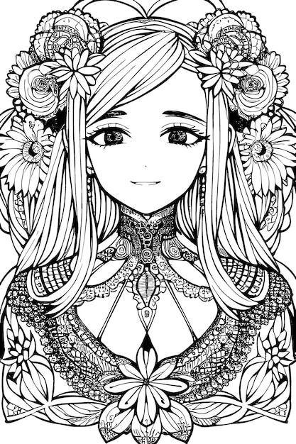 Una hermosa niña con decoraciones y disfraces doodle libro para colorear ilustración vectorial