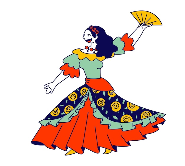 Hermosa niña gitana en vestido largo bailando con abanico en las manos y cantando canciones. Ilustración plana de dibujos animados