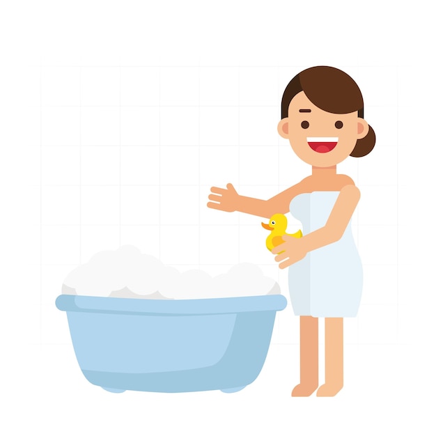 hermosa niña lavado en baño lavado mujer en espuma