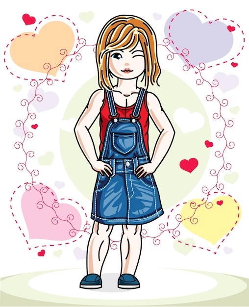 Vector hermosa niña pelirroja con ropa informal y parada en un colorido telón de fondo con corazones amorosos. ilustración humana vectorial.