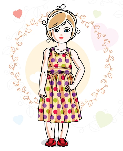 Vector hermosa niña rubia feliz con ropa informal elegante posando en un fondo colorido con corazones románticos. ilustración de vector de chico atractivo.