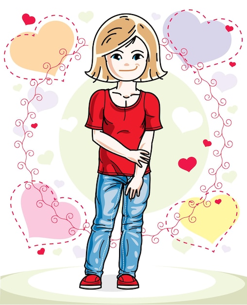 Vector hermosa niña rubia con ropa informal y parada en un colorido telón de fondo con corazones amorosos. ilustración humana vectorial.