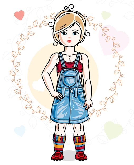 Hermosa niña rubia con ropa informal y parada en un colorido telón de fondo con corazones amorosos. Ilustración humana vectorial.