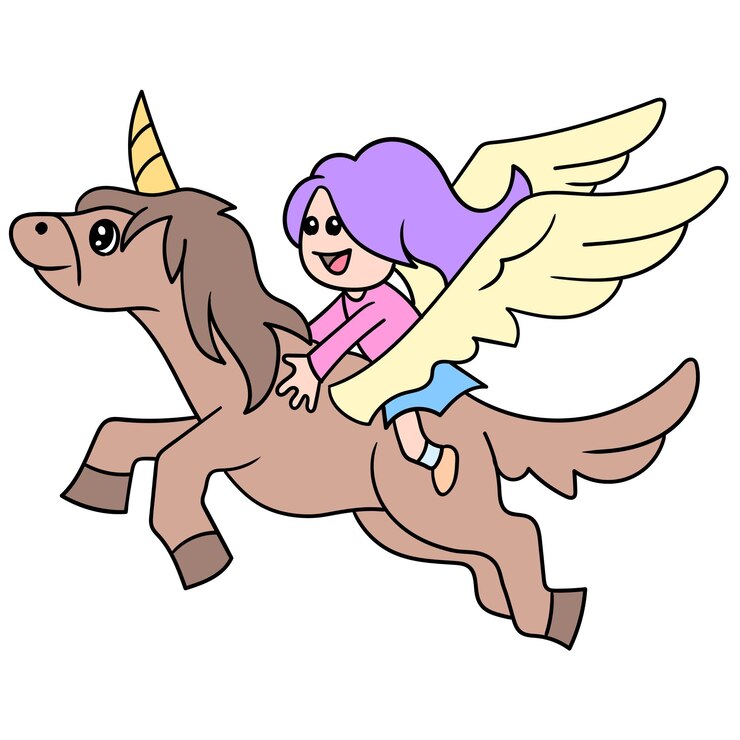 Vector una hermosa niña volando sobre un caballo alado, arte de la ilustración. imagen de icono de doodle kawaii.