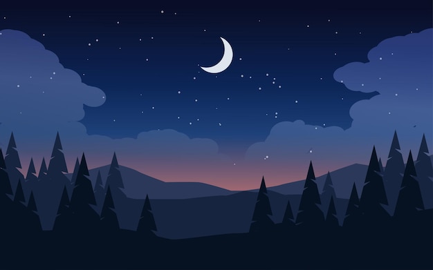 Hermosa noche en el bosque con luna creciente y estrellas