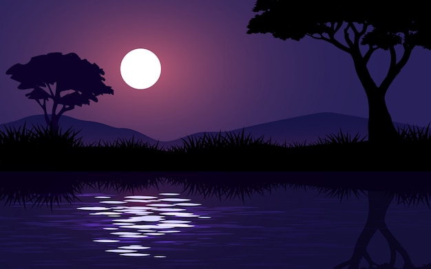 Hermosa noche en río con luna llena