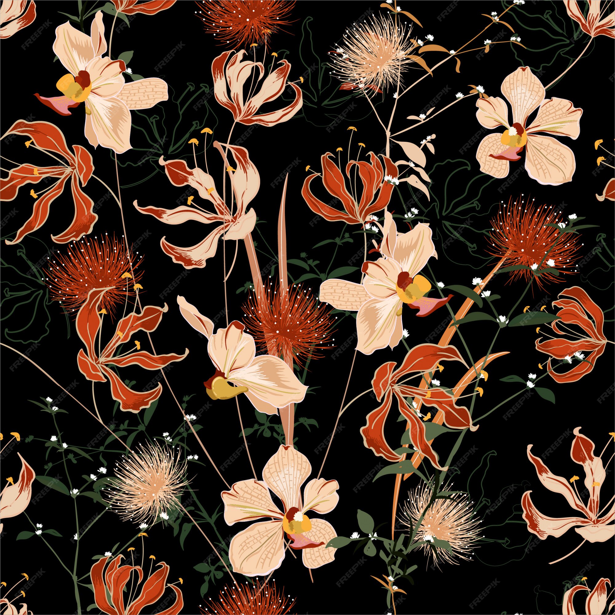 Hermosa noche de verano bosque salvaje lleno de flores en flor en muchos tipos de patrones sin fisuras florales. | Vector Premium Hermosa noche de verano bosque salvaje lleno de flores en flor en muchos tipos de patrones sin fisuras florales. | Vector Premium