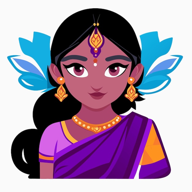 Vector hermosa novia india sari retrato dibujado a mano dibujos animados pegatina icono concepto aislado ilustración