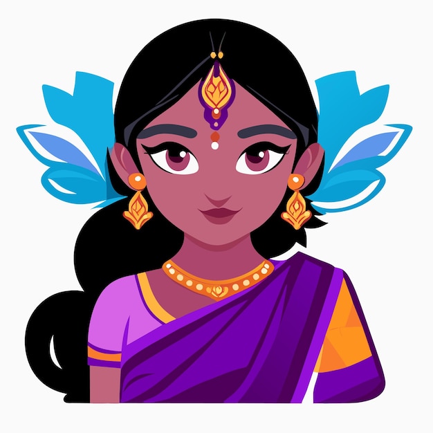 Hermosa novia india sari retrato dibujado a mano dibujos animados pegatina icono concepto aislado ilustración