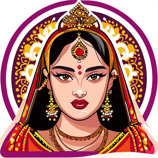 Vector hermosa novia india sari retrato dibujado a mano dibujos animados pegatina icono concepto aislado ilustración