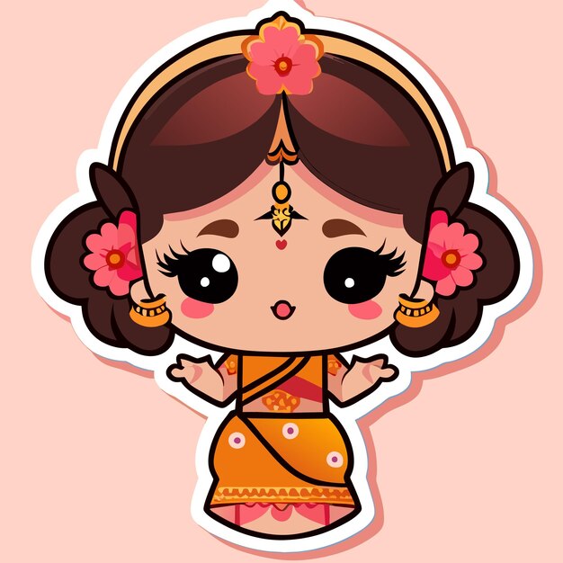 Vector hermosa novia india sari retrato dibujado a mano dibujos animados pegatina icono concepto aislado ilustración