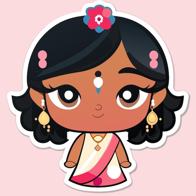 Hermosa novia india sari retrato dibujado a mano dibujos animados pegatina icono concepto aislado ilustración