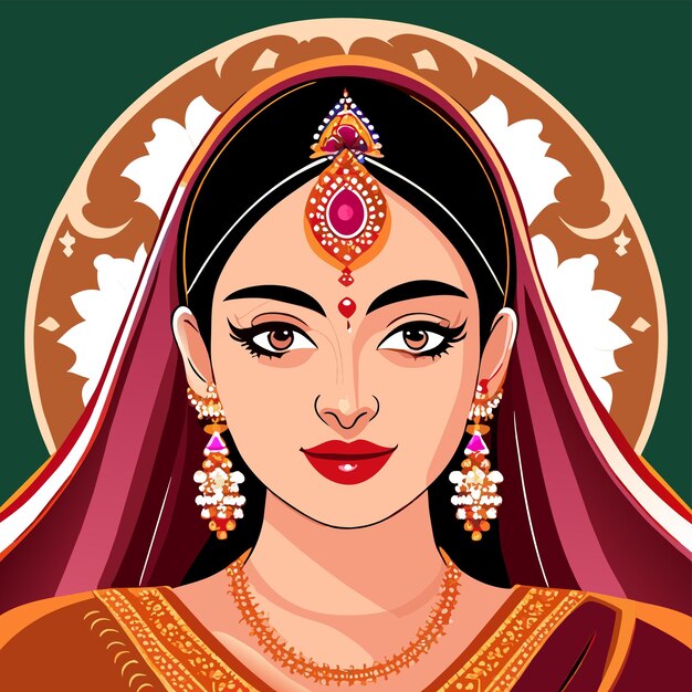 Vector hermosa novia india sari retrato dibujado a mano dibujos animados pegatina icono concepto aislado ilustración