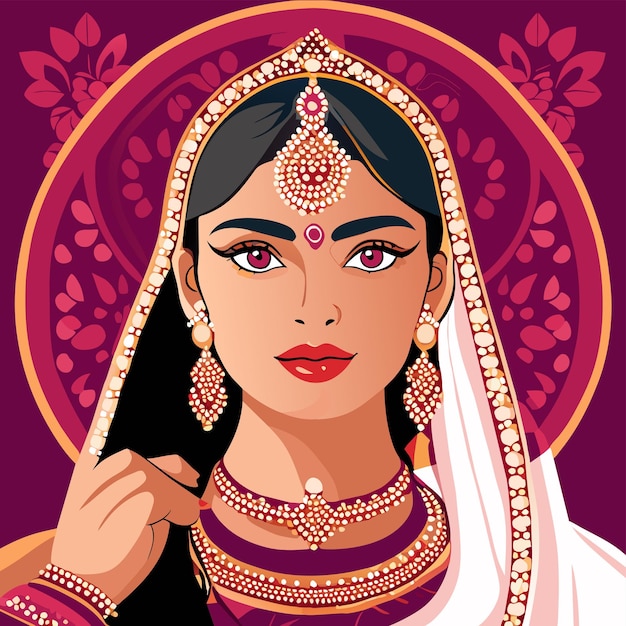 Vector hermosa novia india sari retrato dibujado a mano dibujos animados pegatina icono concepto aislado ilustración