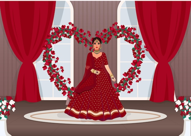 hermosa novia en traje de boda rojo