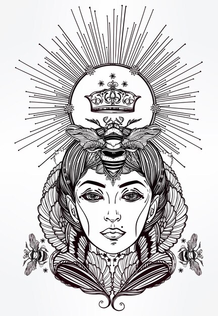 Vector hermosa obra de arte dibujada a mano de la reina abeja retrato como mujer religión de fantasía espiritualidad ocultismo arte del tatuaje libros de colorear ilustración vectorial aislada