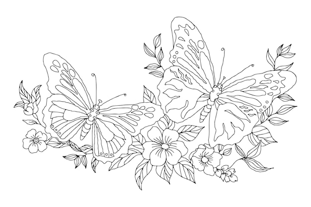 hermosa página para colorear mariposa con flores y hojas concepto de un libro para colorear para adultos o niños naturaleza silvestre arte decorativo y terapia de relajación aislado sobre un fondo blanco