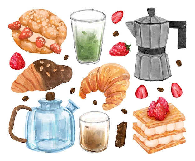 Hermosa panadería de acuarela con postre de pan e ilustraciones de vectores de café