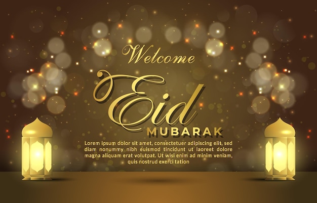 Hermosa pancarta de bienvenida de eid mubarak con cita y hermoso adorno islámico brillante y diseño de fondo marrón y dorado degradado abstracto
