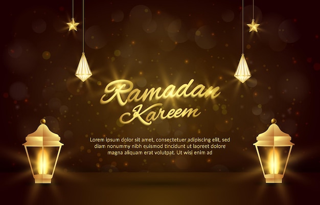 Hermosa pancarta de ilustración de ramadán kareem con adorno islámico de luz de lujo brillante y diseño de fondo rojo y dorado degradado abstracto