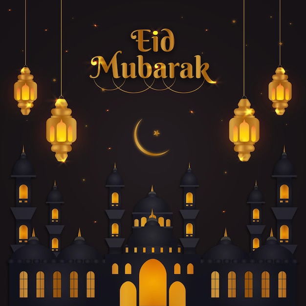 Vector hermosa pancarta islámica de eid mubarak con una mezquita y linternas de ramadán