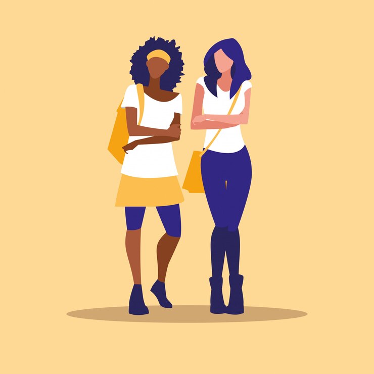 Vector hermosa pareja de chicas interraciales modelando con bolso