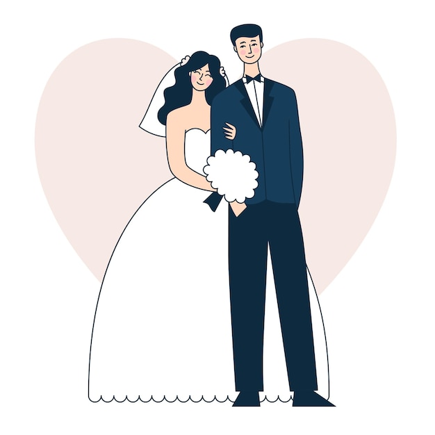 Hermosa pareja de novios. La novia y el novio. Ilustración de vector de Doodle