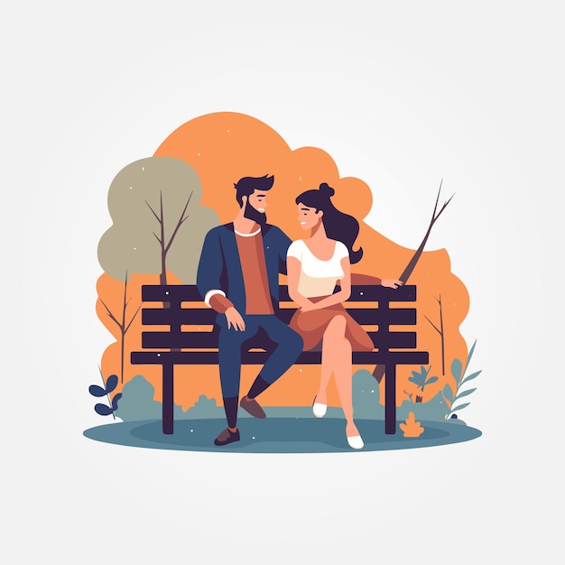 hermosa pareja sentada en un banco en la ilustración de vector cuadrado