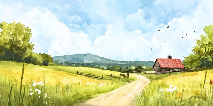 hermosa pintura en acuarela que representa una escena de paisaje rural tranquilo