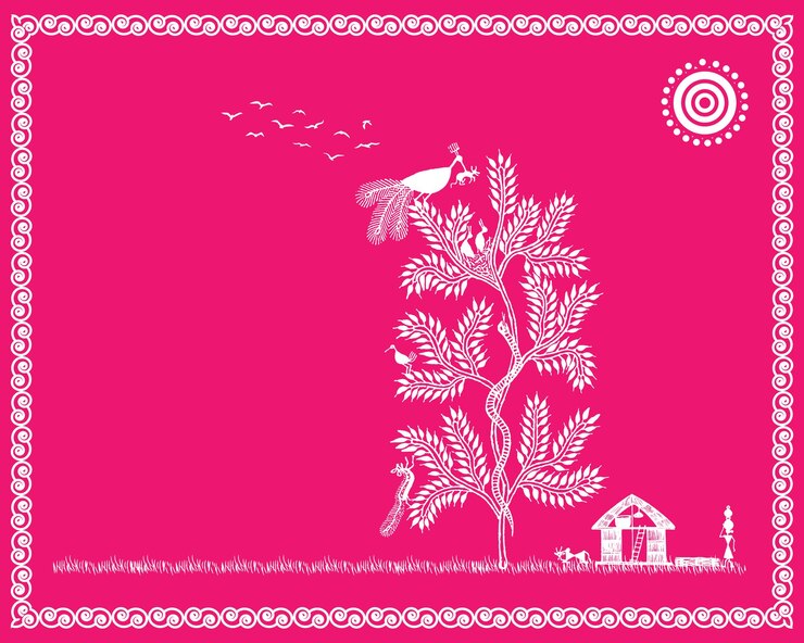 Vector hermosa pintura de warli con la vida rural india área rural con hermosa naturaleza en warli