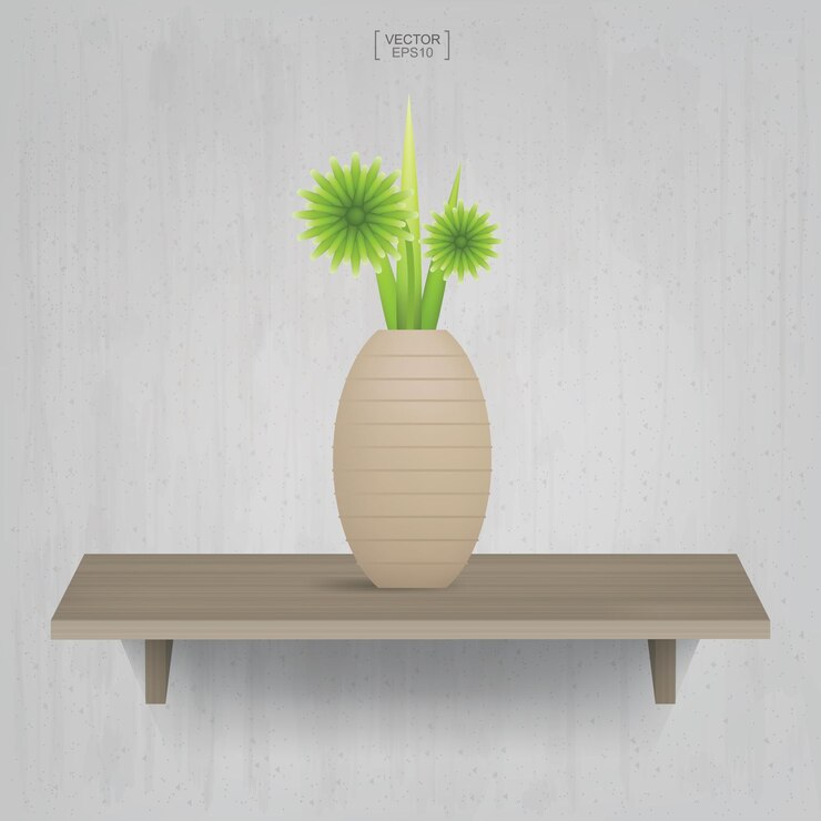 Vector hermosa planta de decoración en maceta sobre fondo de estante de madera. idea para decoración y diseño de interiores. ilustración vectorial.