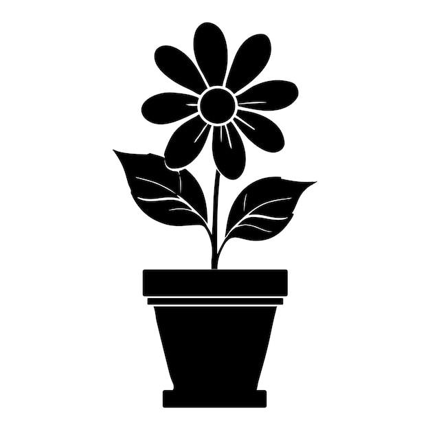 Una hermosa planta floral con una ilustración vectorial de silueta de una olla de flores