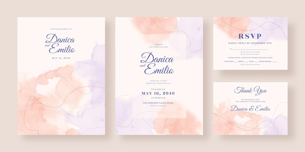 Hermosa plantilla de colección de invitaciones de boda en acuarela