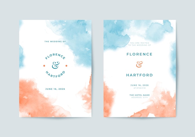Hermosa plantilla de invitación de boda de acuarela azul y naranja