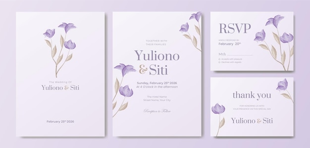 hermosa plantilla de invitación de boda de acuarela de flor morada de doble cara vector premium