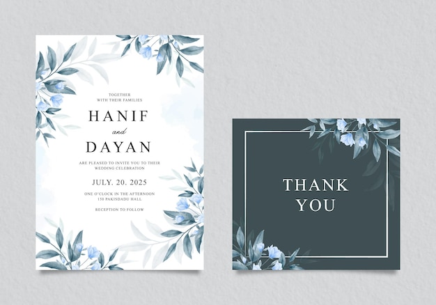 Hermosa plantilla de invitación de boda con acuarela floral azul