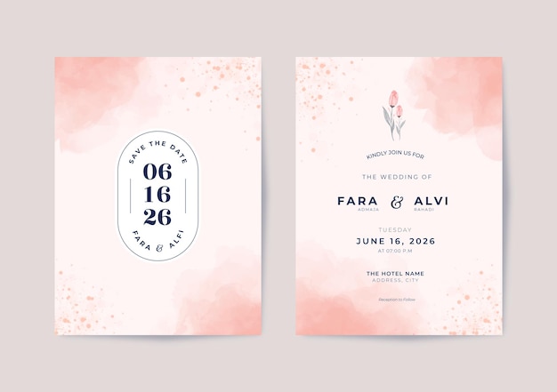 Hermosa plantilla de invitación de boda en acuarela rosa