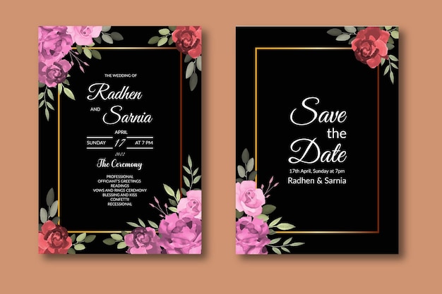 Hermosa plantilla de invitación de boda con flor rosa y fondo negro acuarela vector libre