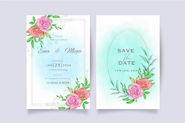 Hermosa plantilla de invitación de boda floral acuarela