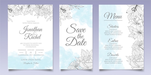 Hermosa plantilla de invitación de boda floral con estilo lineart