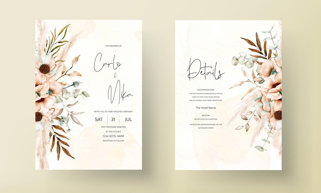 Vector hermosa plantilla de invitación de boda de flores boho