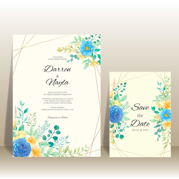 Hermosa plantilla de invitación de boda con flores y hojas de acuarela