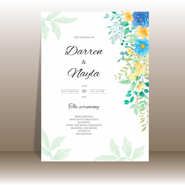 Hermosa plantilla de invitación de boda con flores y hojas de acuarela