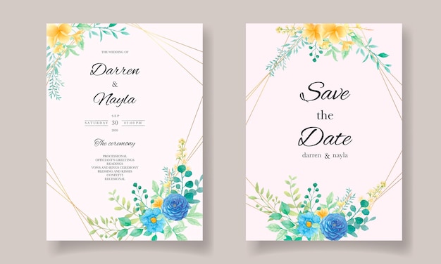 Hermosa plantilla de invitación de boda con flores y hojas de acuarela