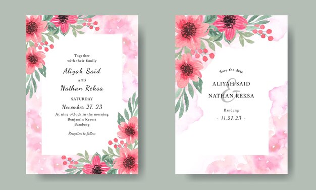 Hermosa plantilla de invitación de boda con flores rosas acuarela y fondo grunge